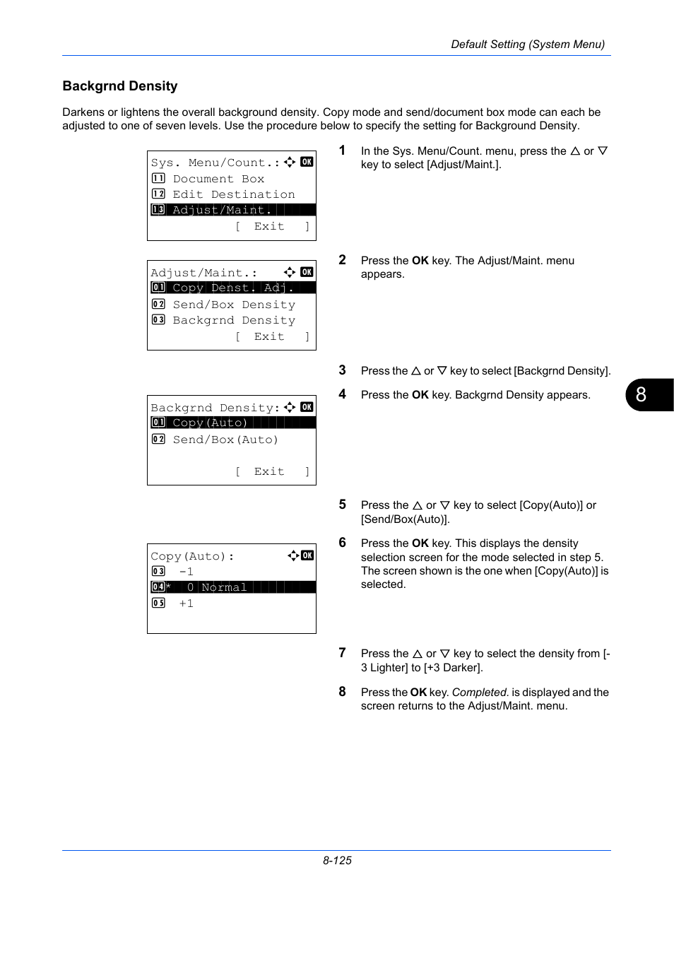 Backgrnd density, Backgrnd density …8-125 | TA Triumph-Adler P-C2660 MFP User Manual | Page 381 / 578