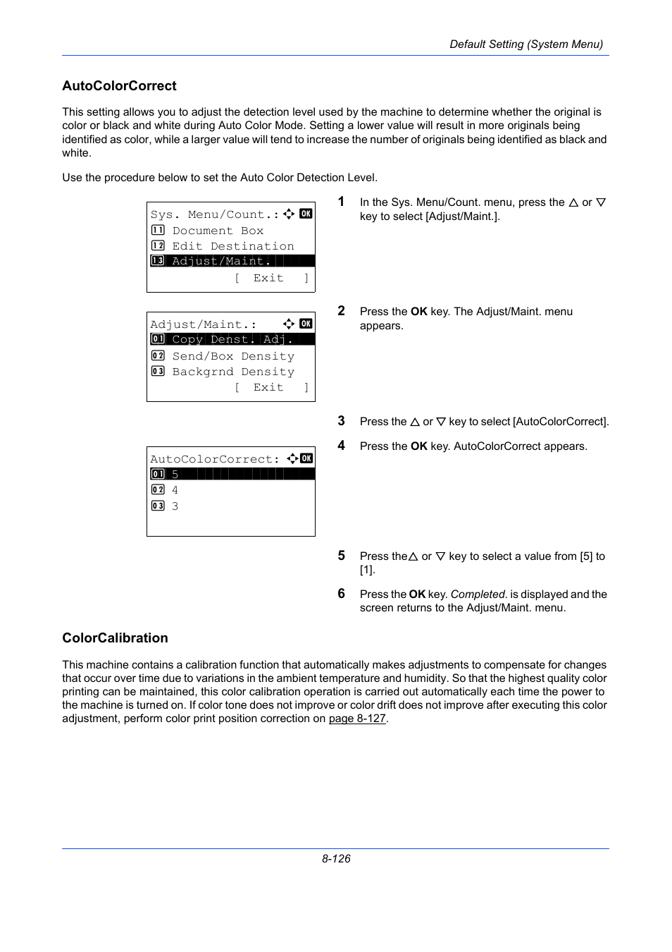 Autocolorcorrect, Colorcalibration, Autocolorcorrect …8-126 | Colorcalibration …8-126 | TA Triumph-Adler P-C2660 MFP User Manual | Page 382 / 578