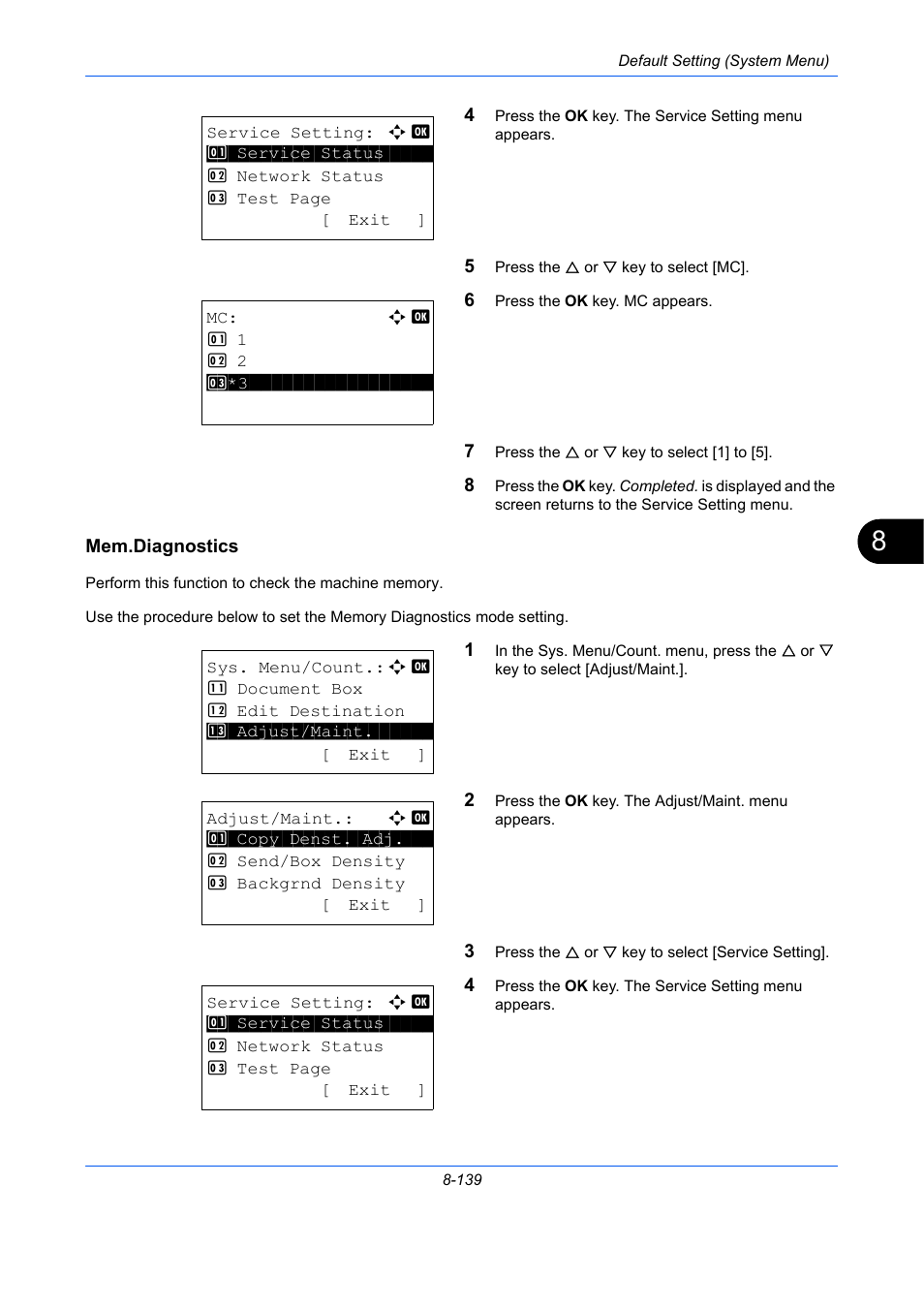 Mem.diagnostics, Mem.diagnostics …8-139 | TA Triumph-Adler P-C2660 MFP User Manual | Page 395 / 578