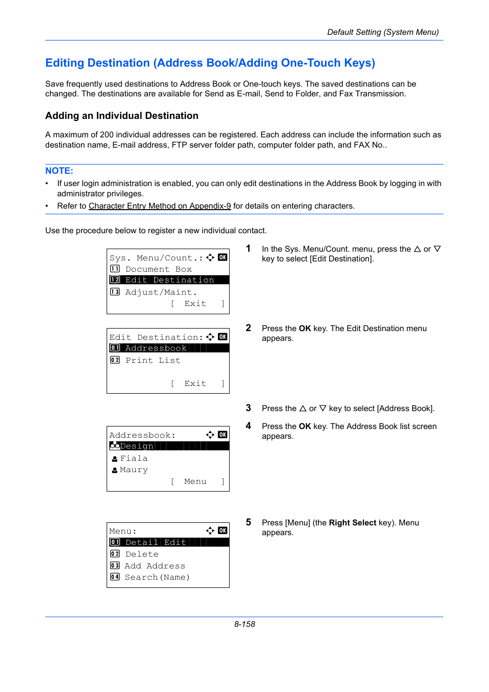 Adding an individual destination, Editing destination (address book/adding, One-touch keys) -158 | TA Triumph-Adler P-C2660 MFP User Manual | Page 414 / 578