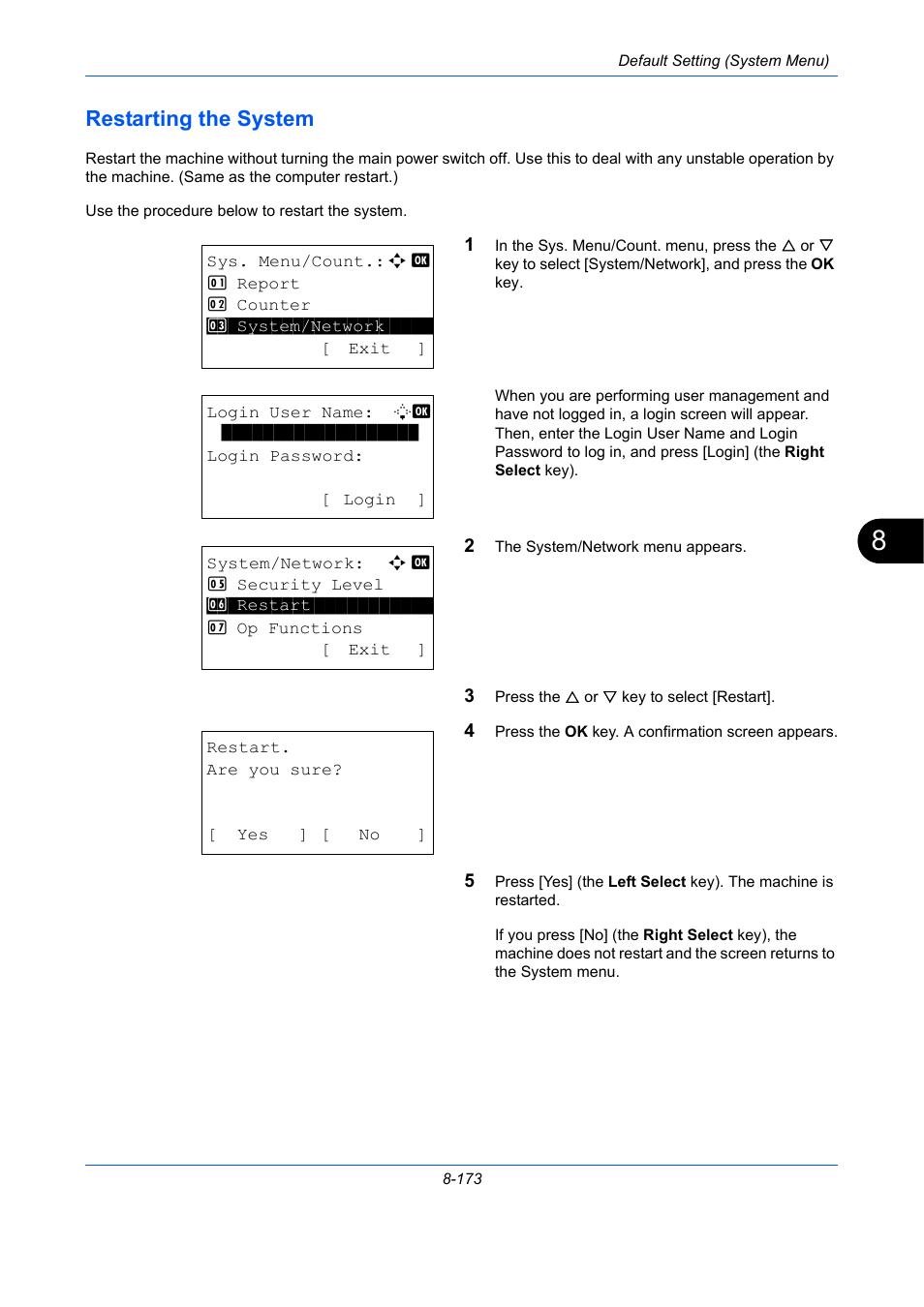 Restarting the system, Restarting the system -173 | TA Triumph-Adler P-C2660 MFP User Manual | Page 429 / 578