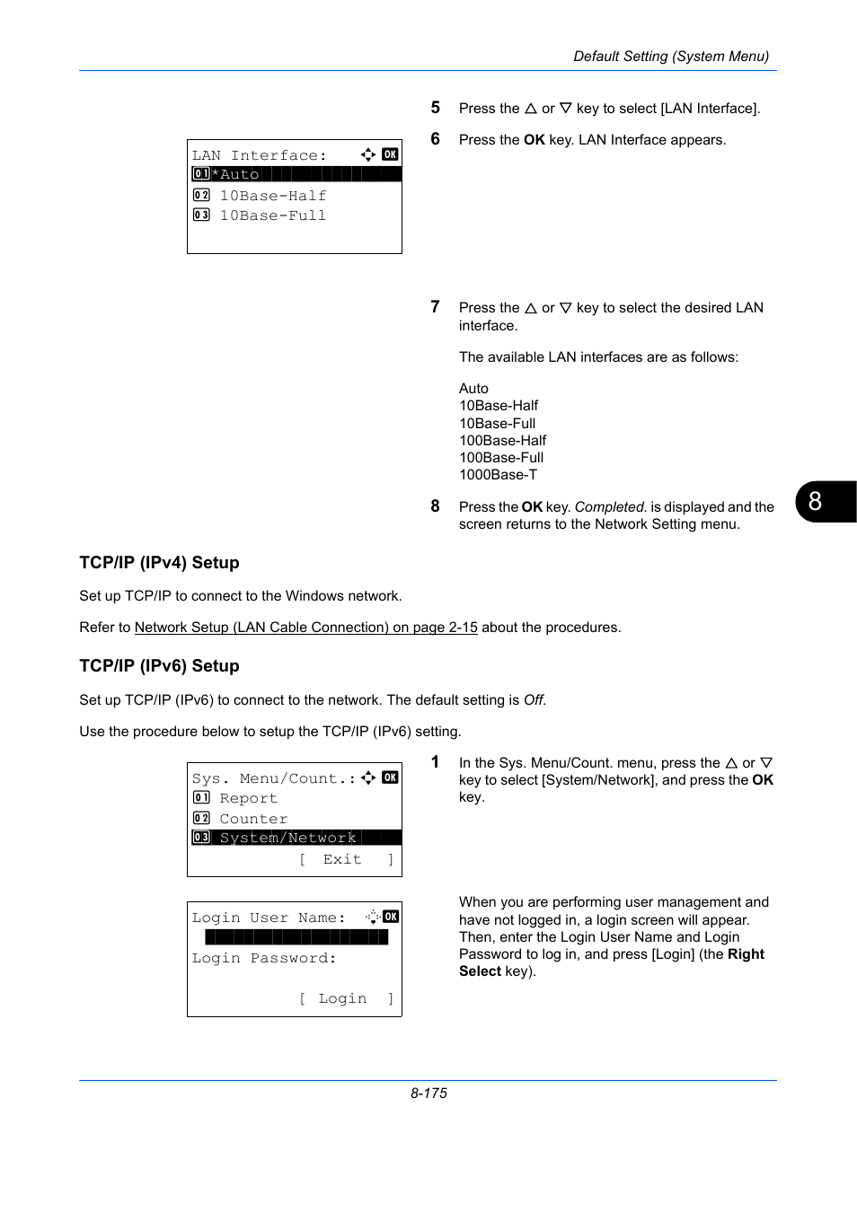 Tcp/ip (ipv4) setup, Tcp/ip (ipv6) setup, Tcp/ip (ipv4) setup …8-175 | Tcp/ip (ipv6) setup …8-175 | TA Triumph-Adler P-C2660 MFP User Manual | Page 431 / 578