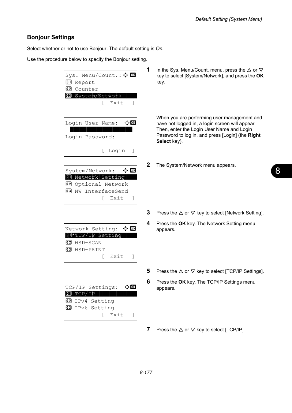 Bonjour settings, Bonjour settings …8-177 | TA Triumph-Adler P-C2660 MFP User Manual | Page 433 / 578