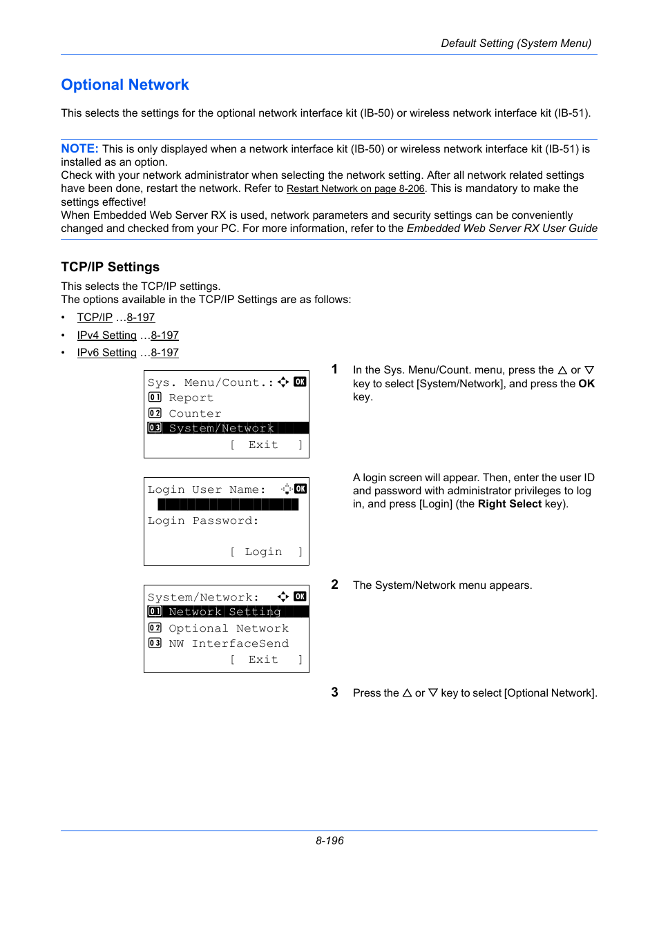 Optional network, Tcp/ip settings, Optional network -196 | TA Triumph-Adler P-C2660 MFP User Manual | Page 452 / 578