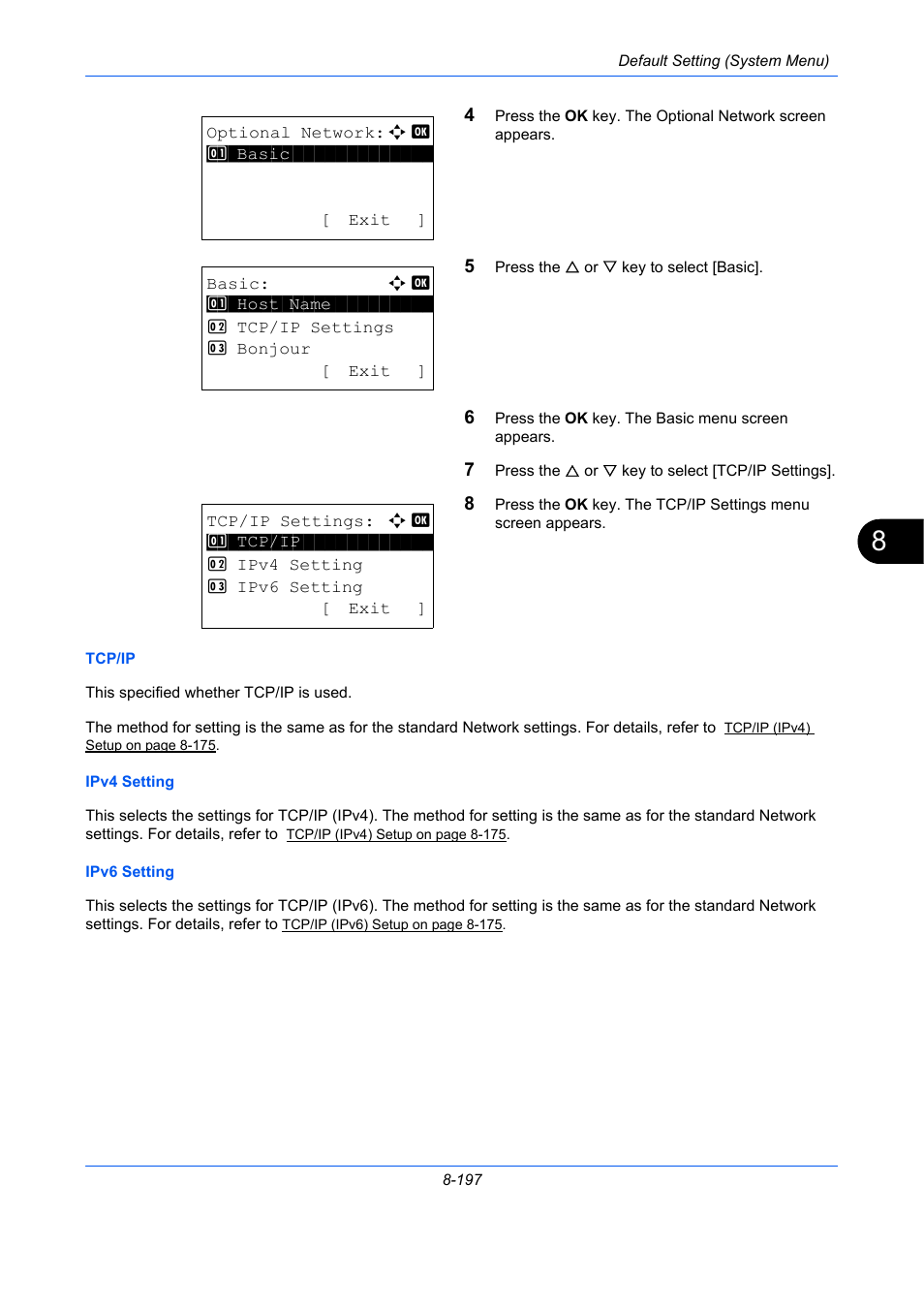 Tcp/ip …8-197, Ipv4 setting …8-197, Ipv6 setting …8-197 | TA Triumph-Adler P-C2660 MFP User Manual | Page 453 / 578