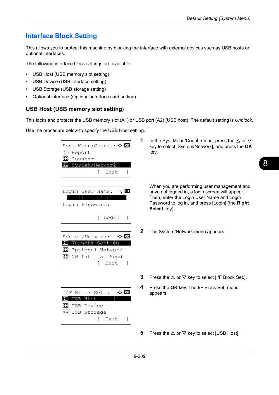 Interface block setting, Usb host (usb memory slot setting), Interface block setting -209 | TA Triumph-Adler P-C2660 MFP User Manual | Page 465 / 578