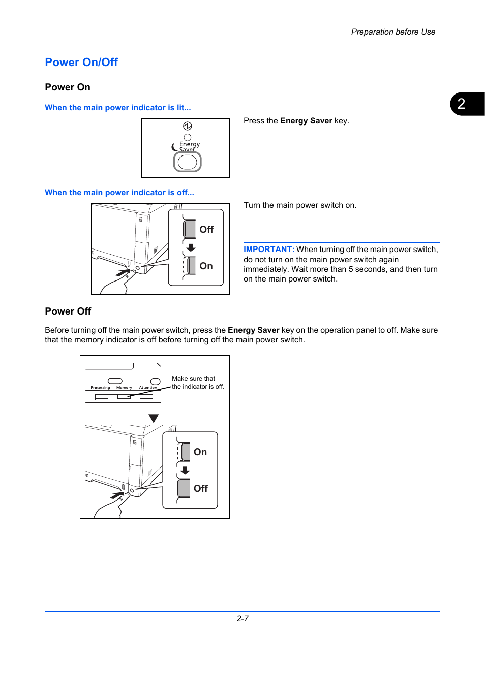 Power on/off, Power on, Power off | Power on/off -7 | TA Triumph-Adler P-C2660 MFP User Manual | Page 49 / 578