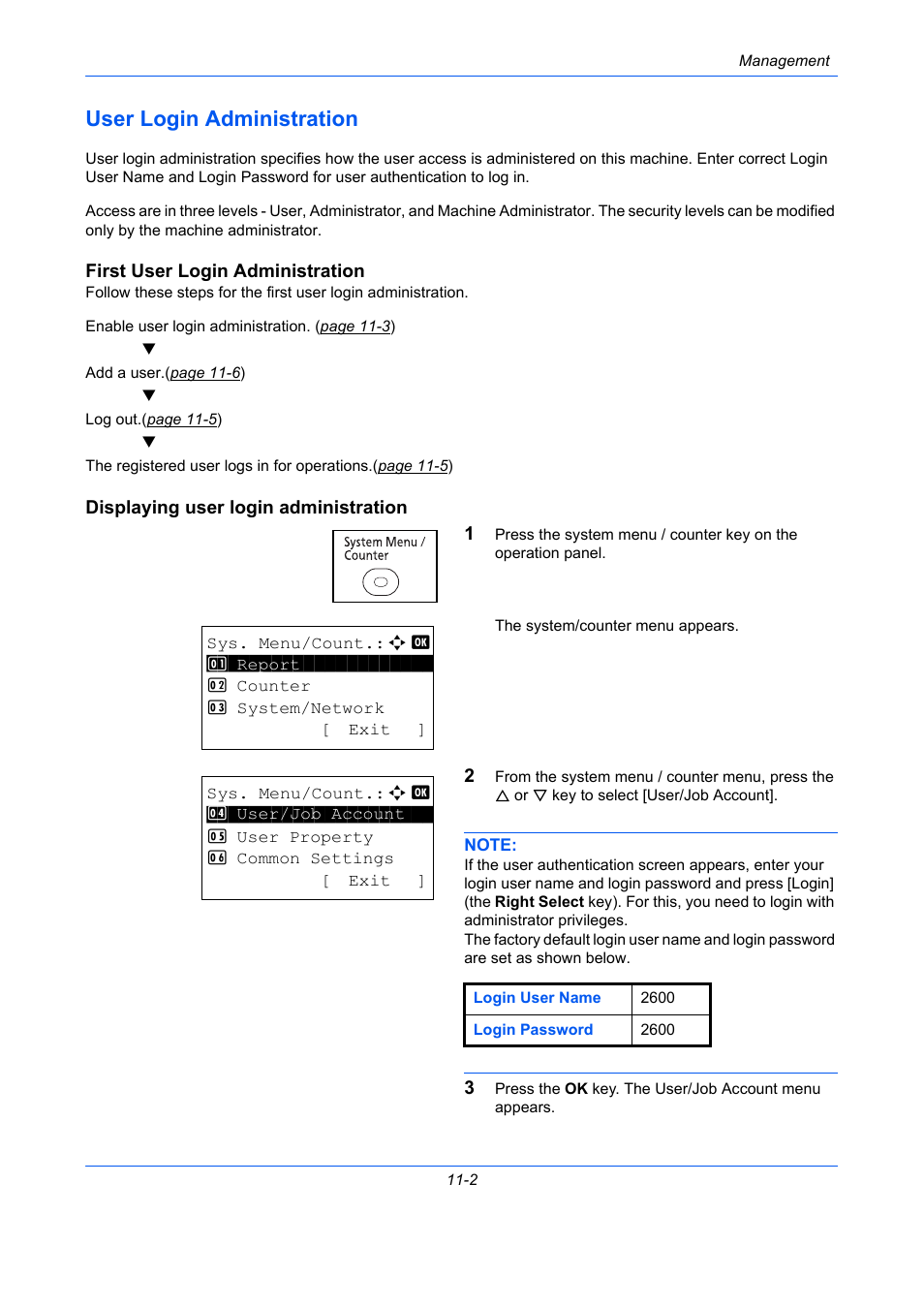 User login administration, First user login administration, Displaying user login administration | User login administration -2 | TA Triumph-Adler P-C2660 MFP User Manual | Page 504 / 578