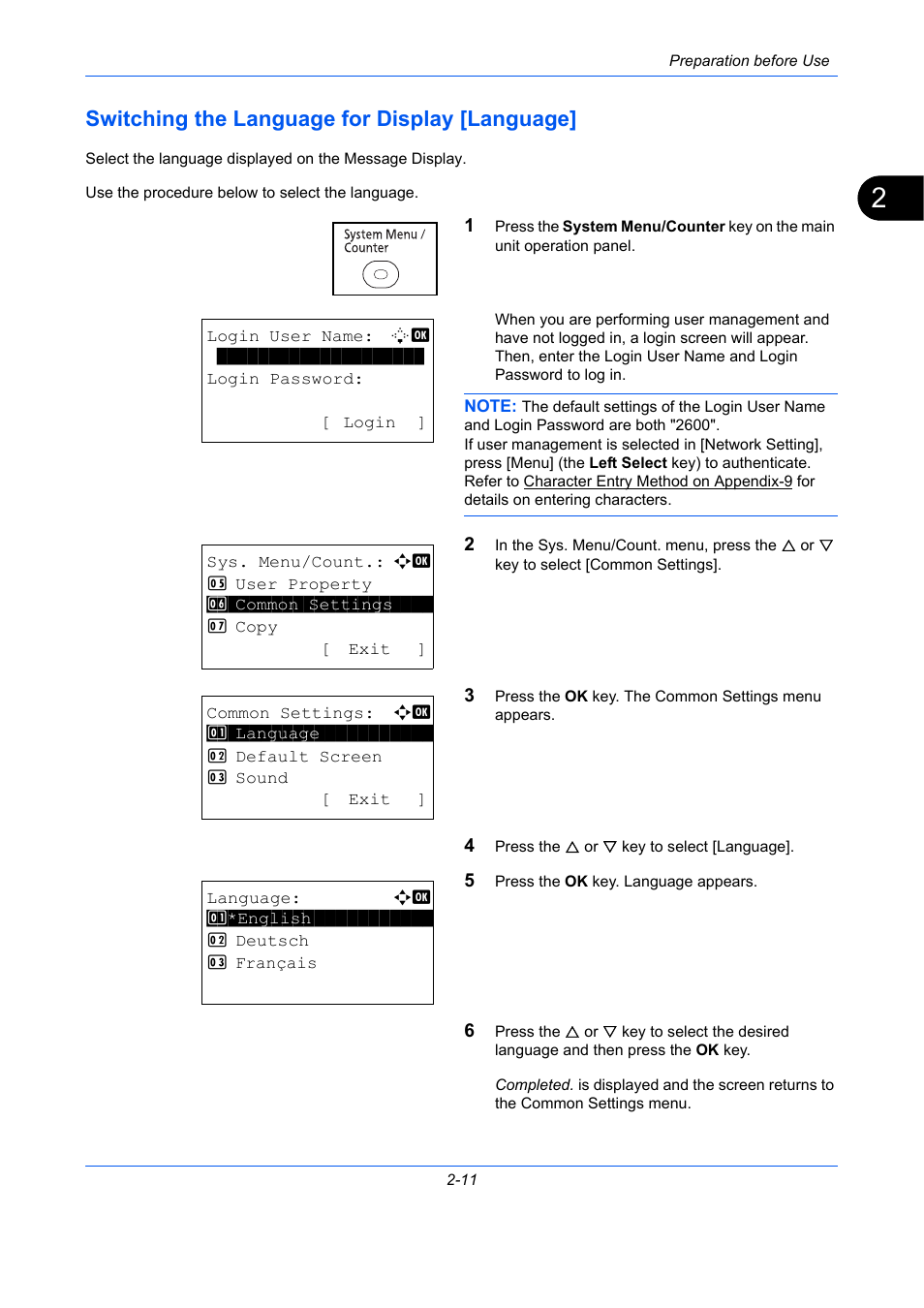 Switching the language for display [language, Switching the language for display [language] -11 | TA Triumph-Adler P-C2660 MFP User Manual | Page 53 / 578