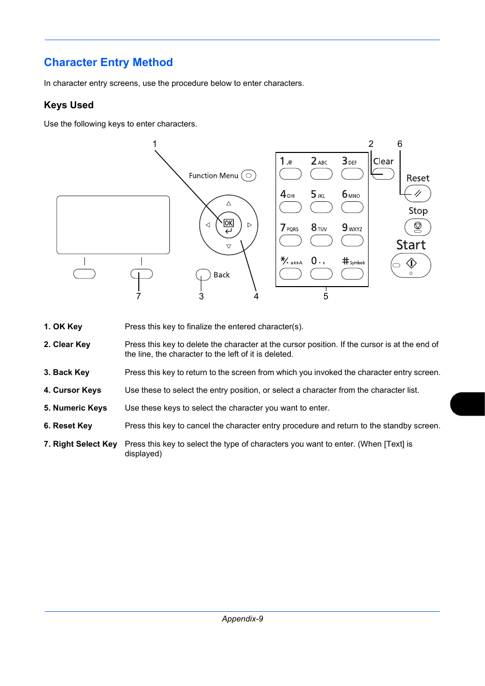 Character entry method, Keys used, Character entry method on | Appendix-9, Character entry method on appendix-9 fo | TA Triumph-Adler P-C2660 MFP User Manual | Page 547 / 578