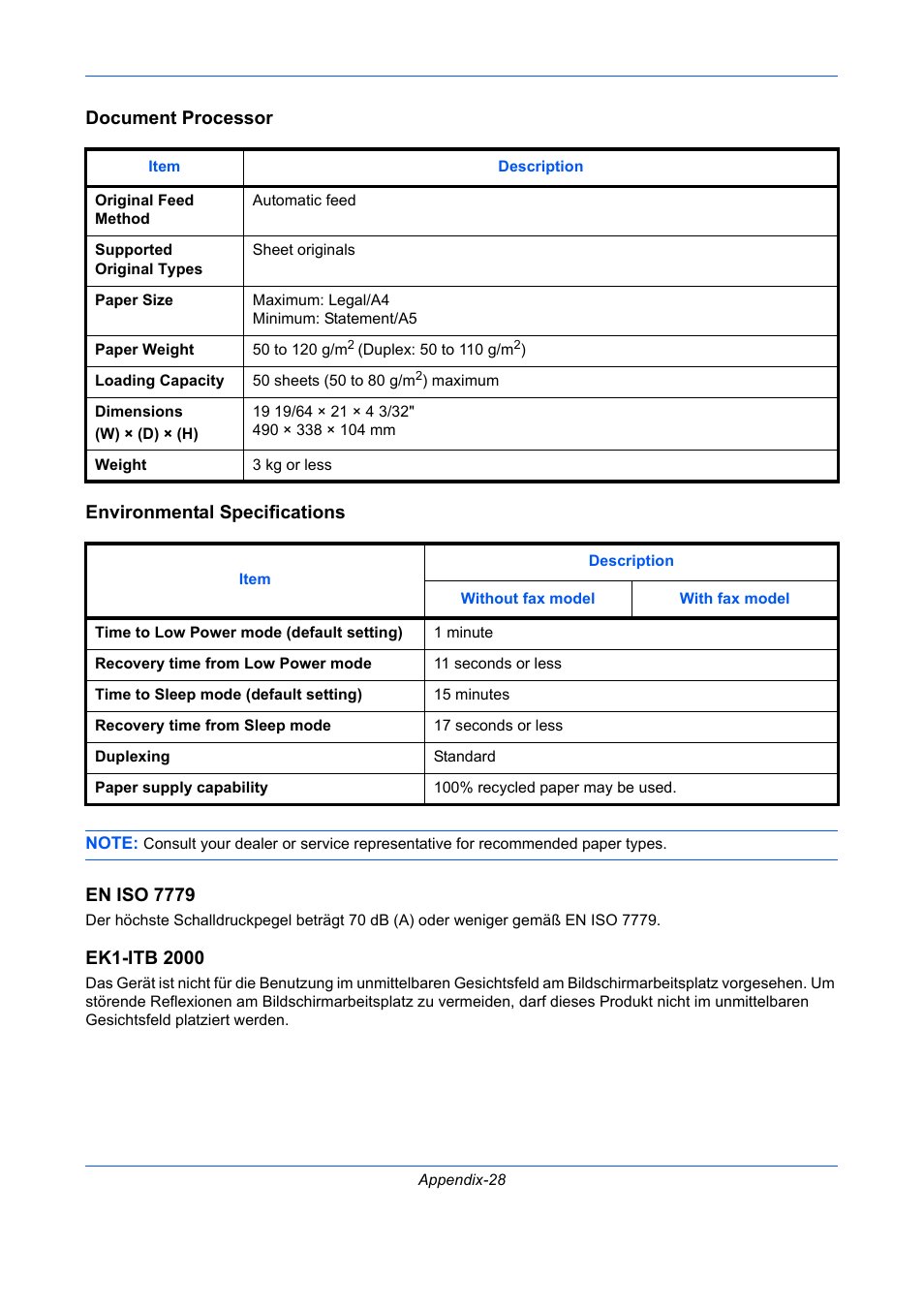 Document processor, Environmental specifications, Document processor environmental specifications | En iso 7779 | TA Triumph-Adler P-C2660 MFP User Manual | Page 566 / 578