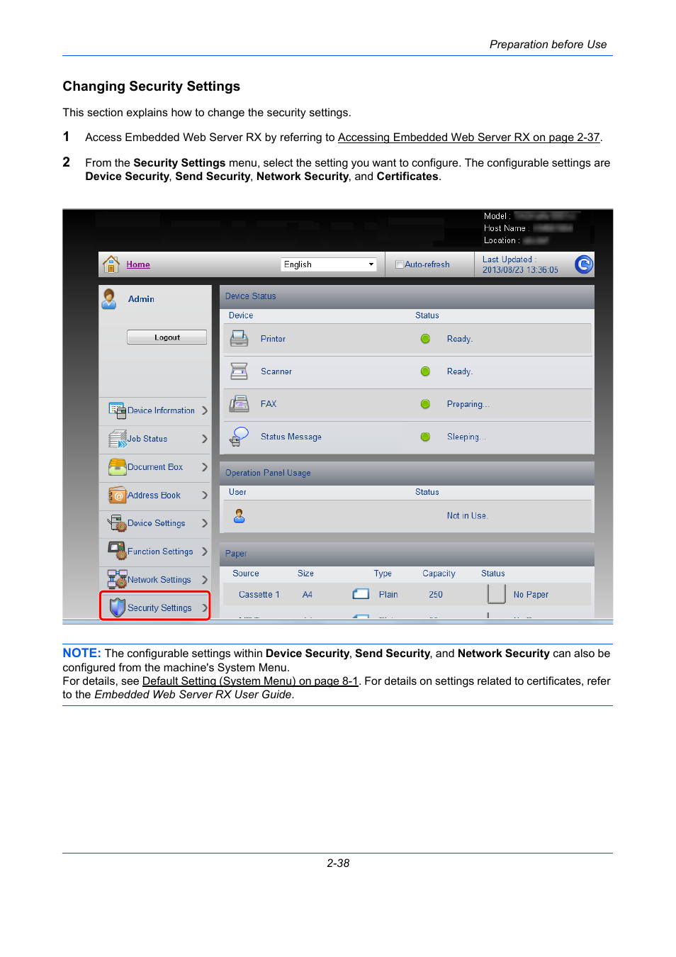 Changing security settings | TA Triumph-Adler P-C2660 MFP User Manual | Page 80 / 578