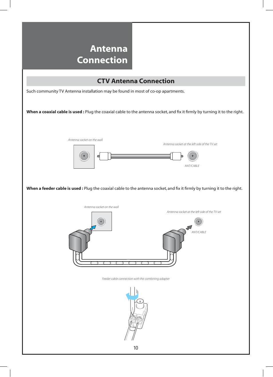 Antenna connection, Ctv antenna connection | Daewoo DLP-37C3 User Manual | Page 10 / 53