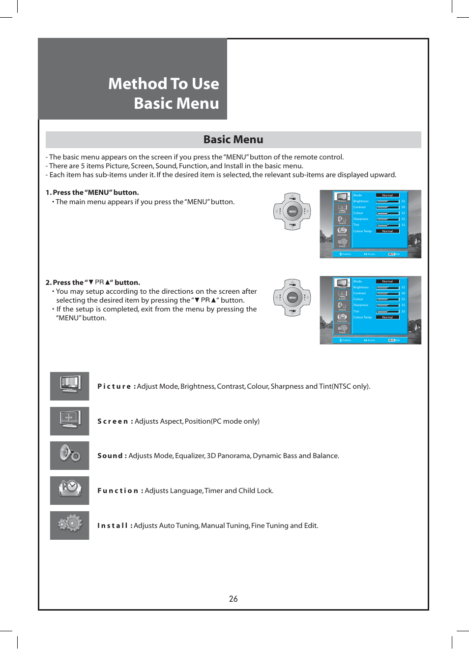 Method to use basic menu, Basic menu | Daewoo DLP-37C3 User Manual | Page 26 / 53