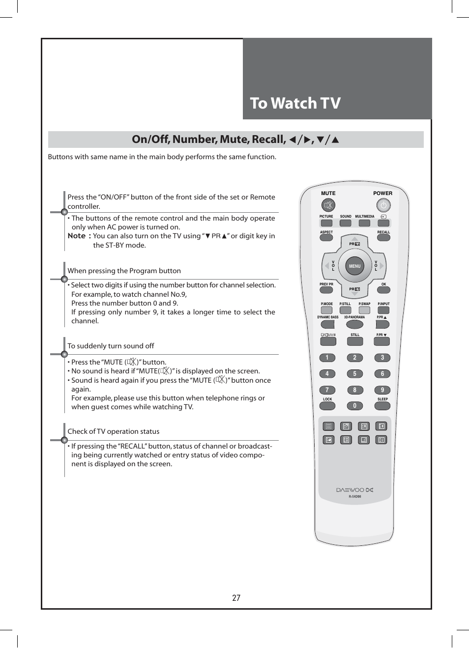 On/off, number, mute, recall | Daewoo DLP-37C3 User Manual | Page 27 / 53