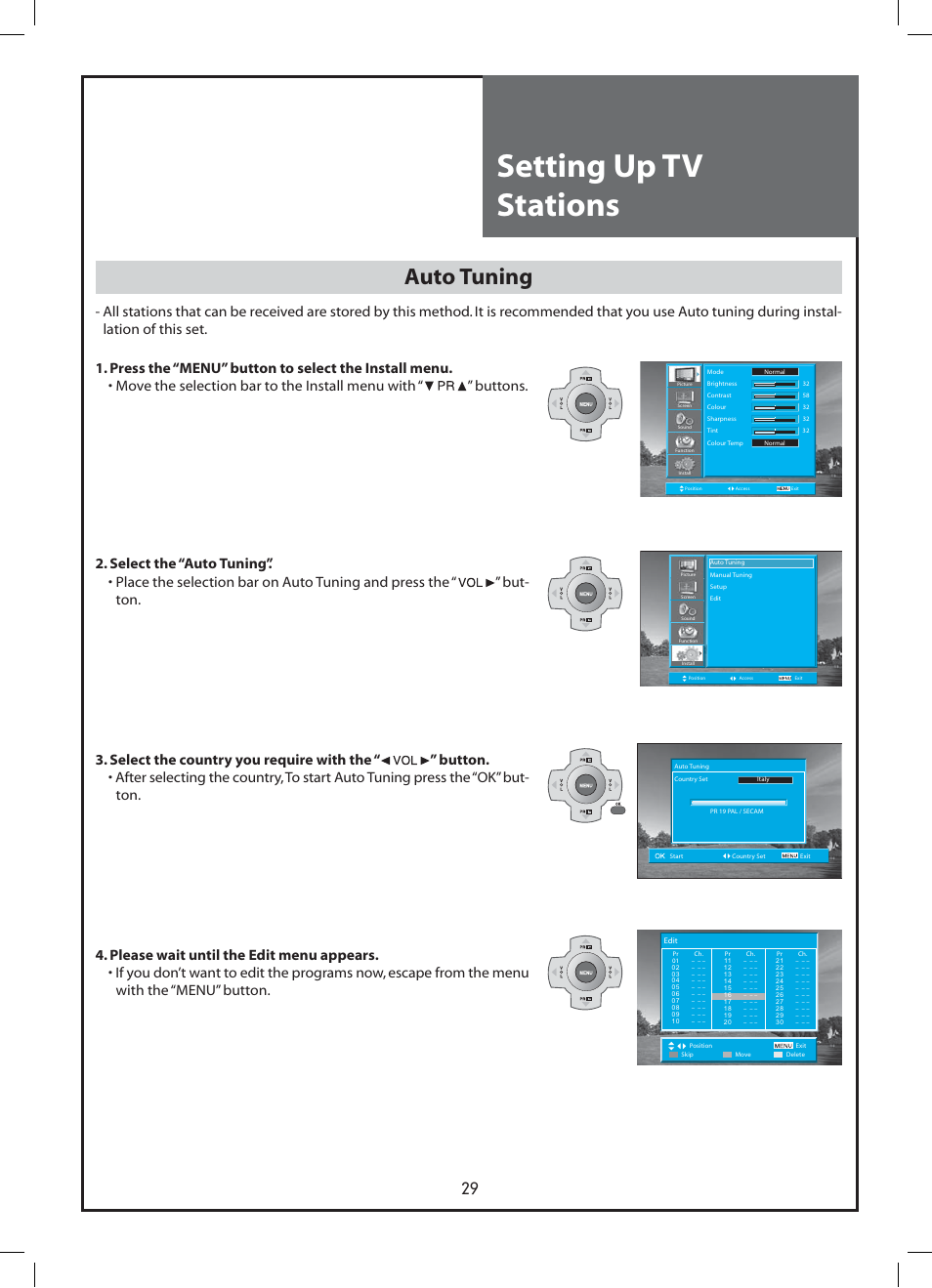 Setting up tv stations, Auto tuning | Daewoo DLP-37C3 User Manual | Page 29 / 53