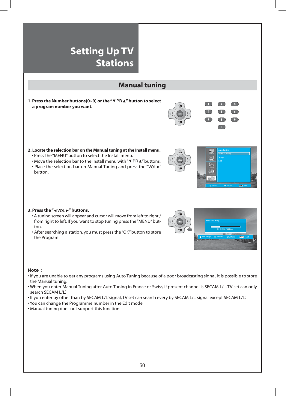Setting up tv stations, Manual tuning | Daewoo DLP-37C3 User Manual | Page 30 / 53