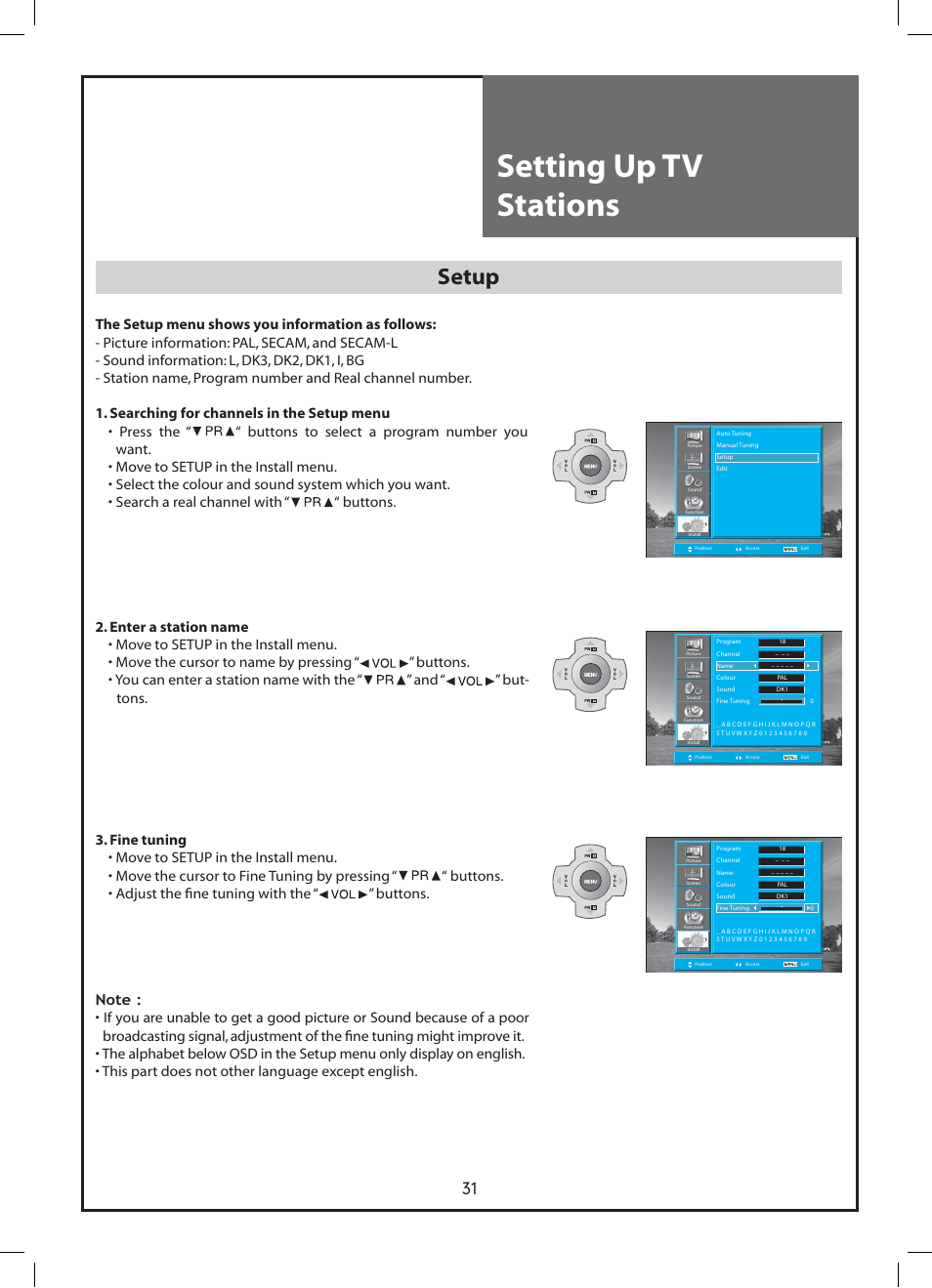 Setting up tv stations, Setup | Daewoo DLP-37C3 User Manual | Page 31 / 53