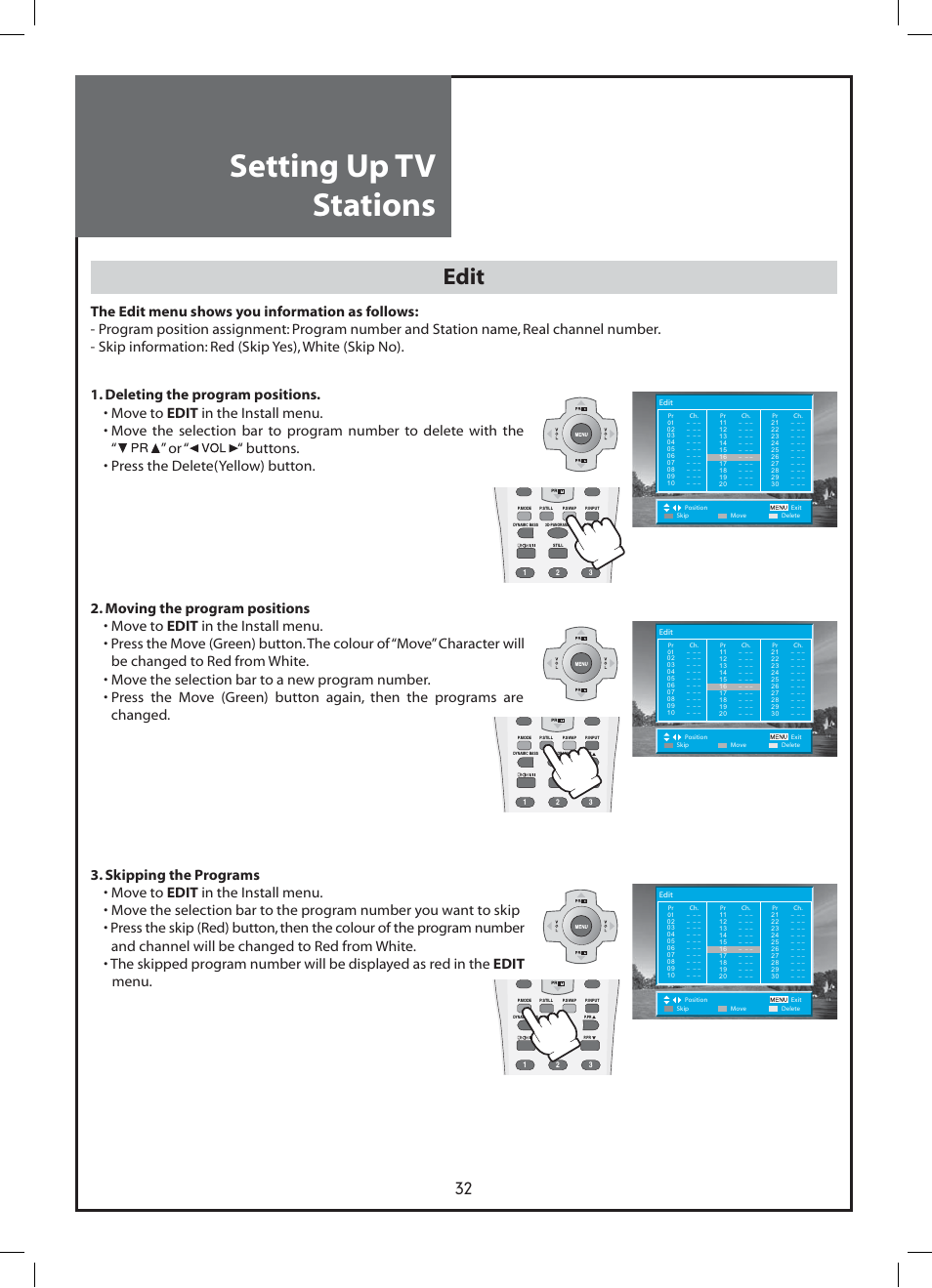 Setting up tv stations, Edit | Daewoo DLP-37C3 User Manual | Page 32 / 53