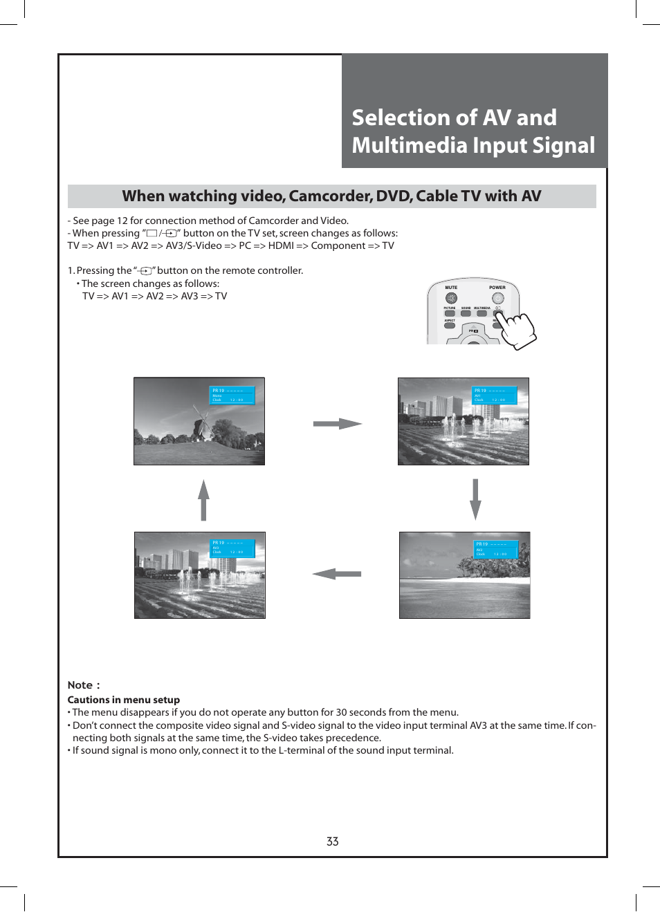 Selection of av and multimedia input signal | Daewoo DLP-37C3 User Manual | Page 33 / 53