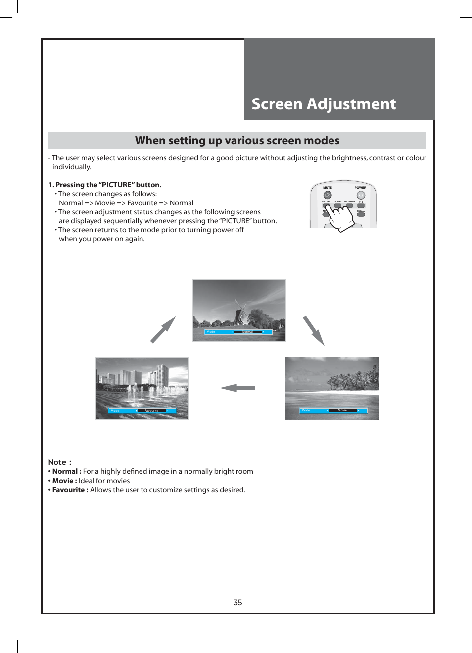 Screen adjustment, When setting up various screen modes | Daewoo DLP-37C3 User Manual | Page 35 / 53