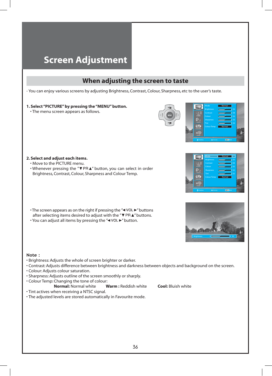 Screen adjustment, When adjusting the screen to taste | Daewoo DLP-37C3 User Manual | Page 36 / 53