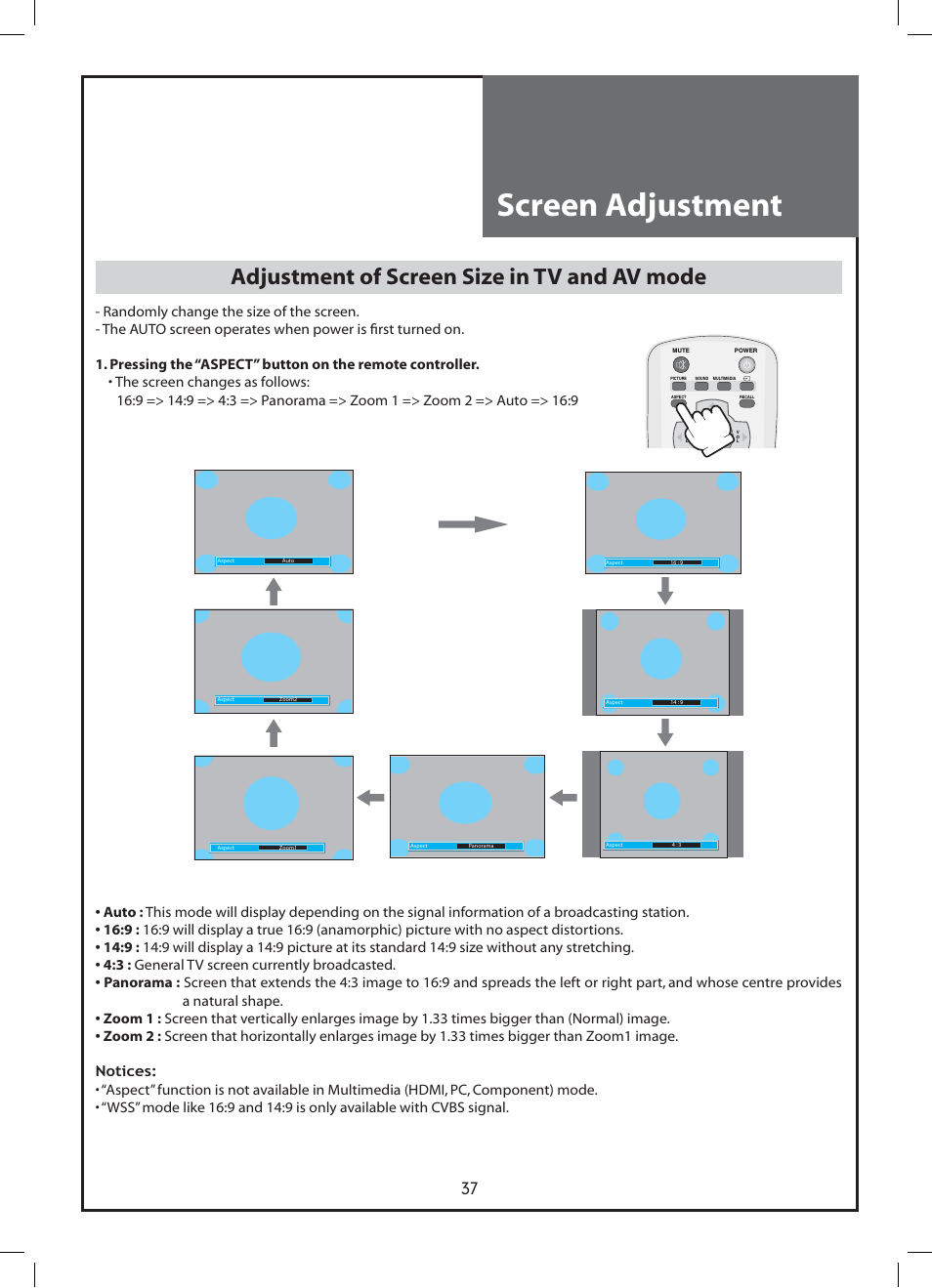 Screen adjustment, Adjustment of screen size in tv and av mode | Daewoo DLP-37C3 User Manual | Page 37 / 53