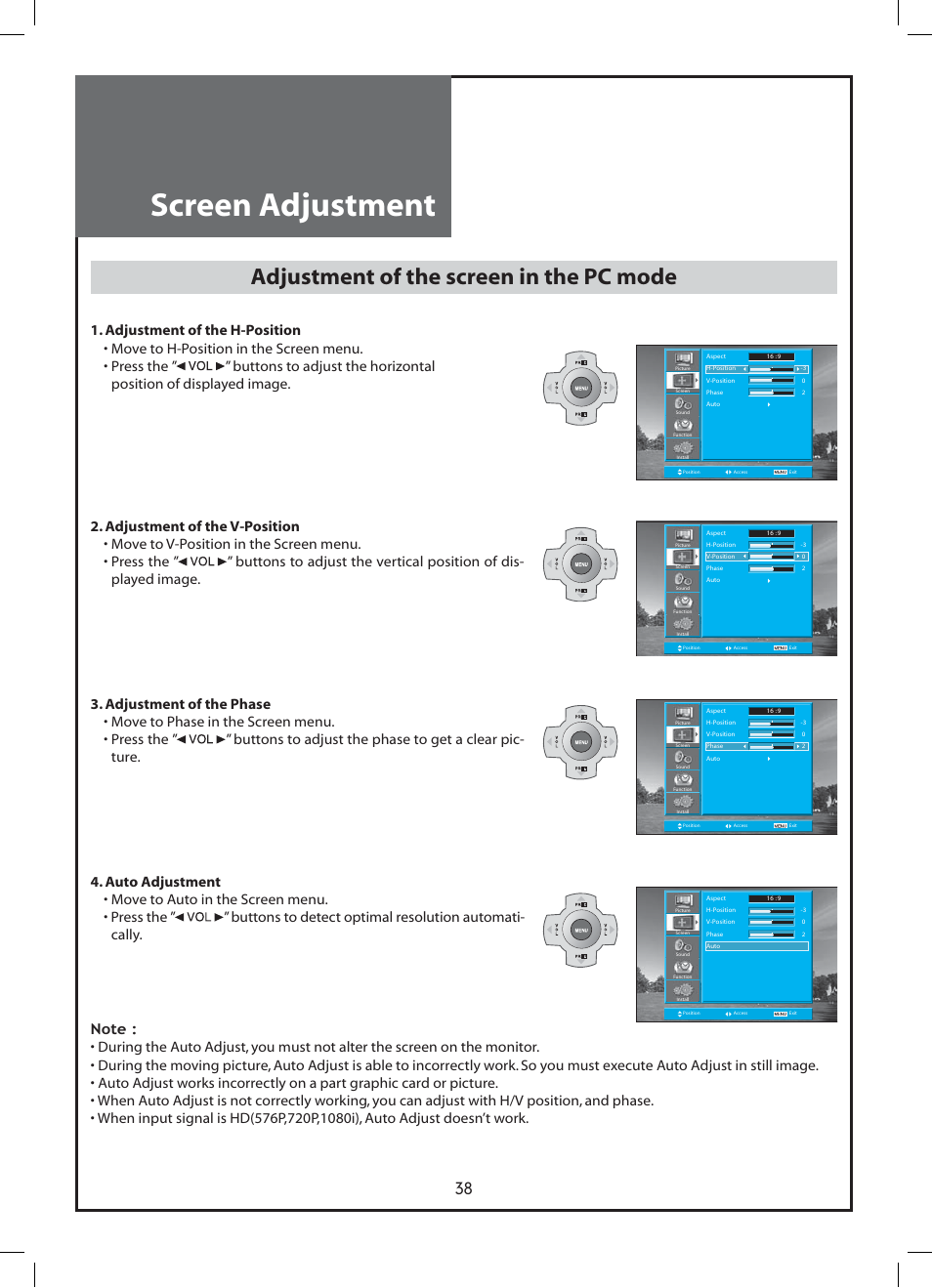 Screen adjustment, Adjustment of the screen in the pc mode | Daewoo DLP-37C3 User Manual | Page 38 / 53