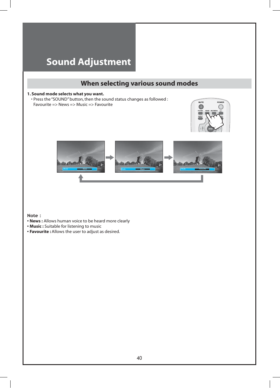 Sound adjustment, When selecting various sound modes | Daewoo DLP-37C3 User Manual | Page 40 / 53