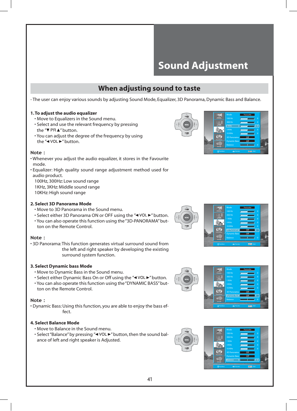 Sound adjustment, When adjusting sound to taste | Daewoo DLP-37C3 User Manual | Page 41 / 53