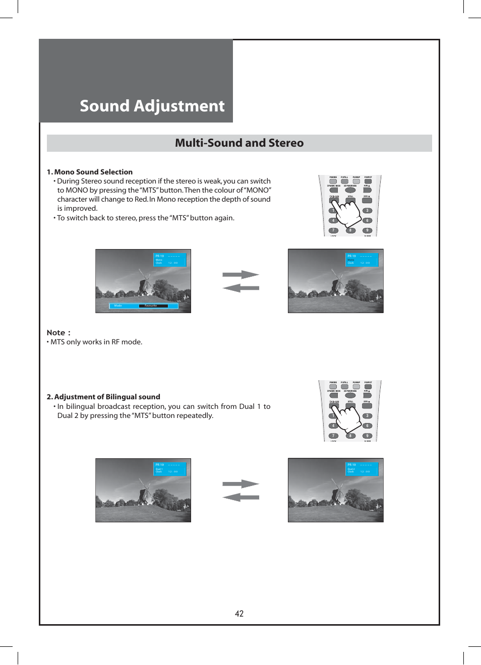 Sound adjustment, Multi-sound and stereo | Daewoo DLP-37C3 User Manual | Page 42 / 53