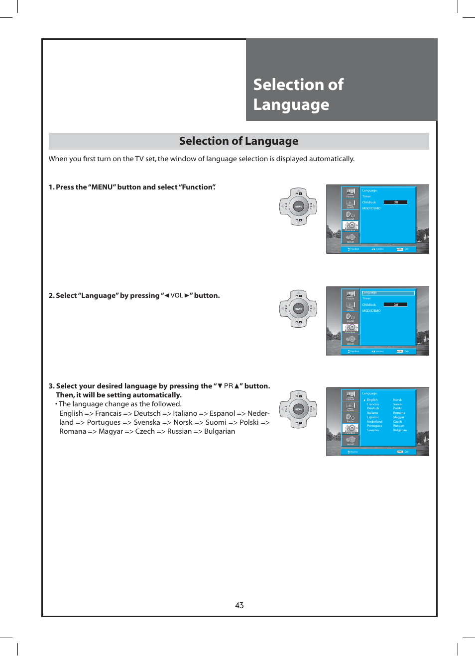 Selection of language | Daewoo DLP-37C3 User Manual | Page 43 / 53