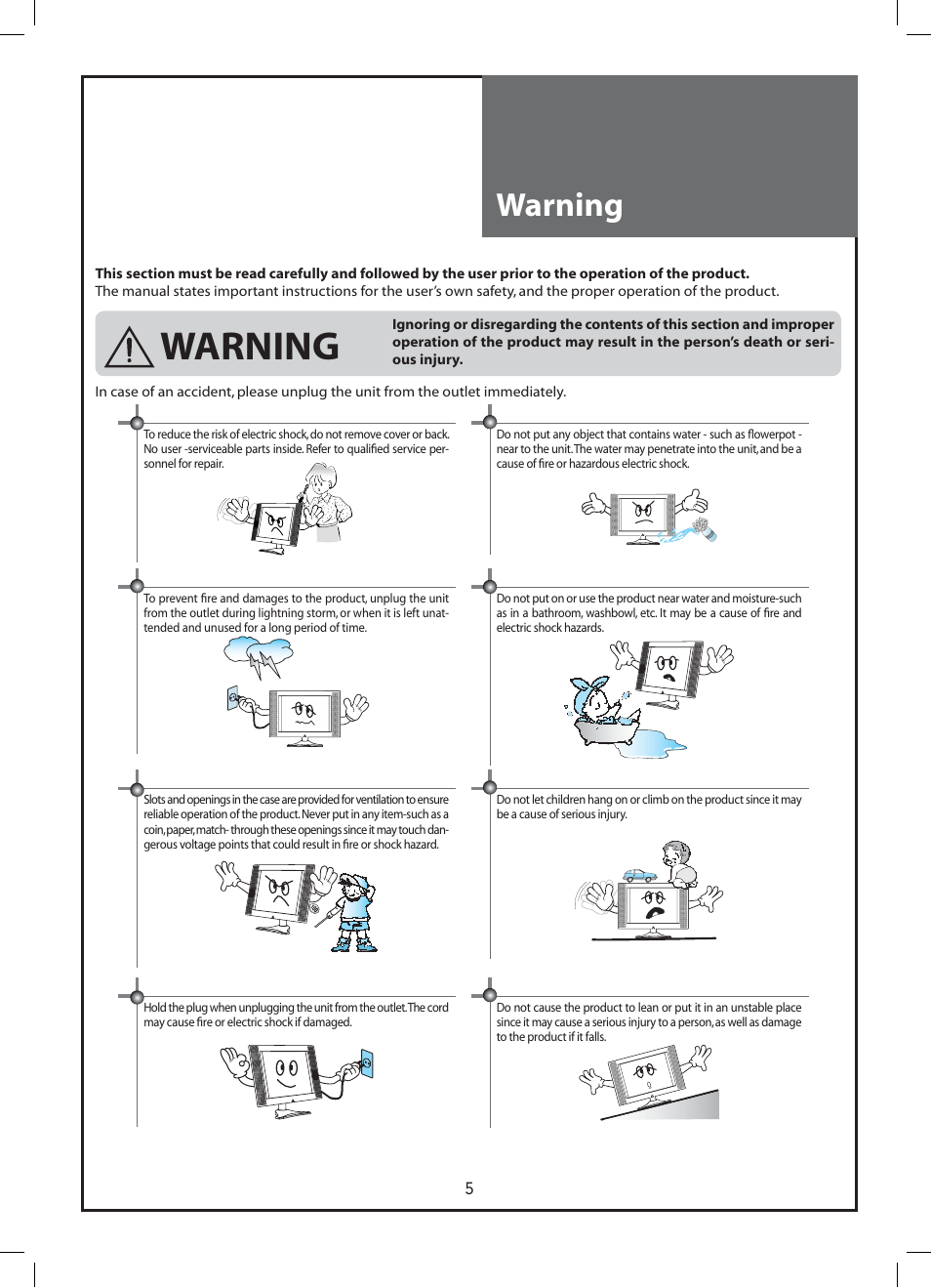 Warning | Daewoo DLP-37C3 User Manual | Page 5 / 53