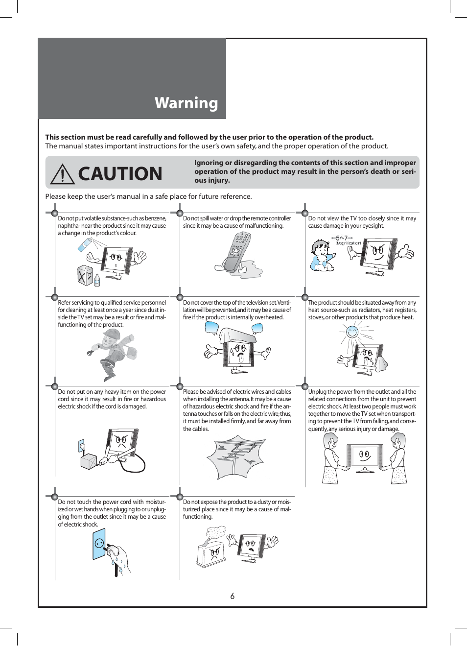 Caution, Warning | Daewoo DLP-37C3 User Manual | Page 6 / 53