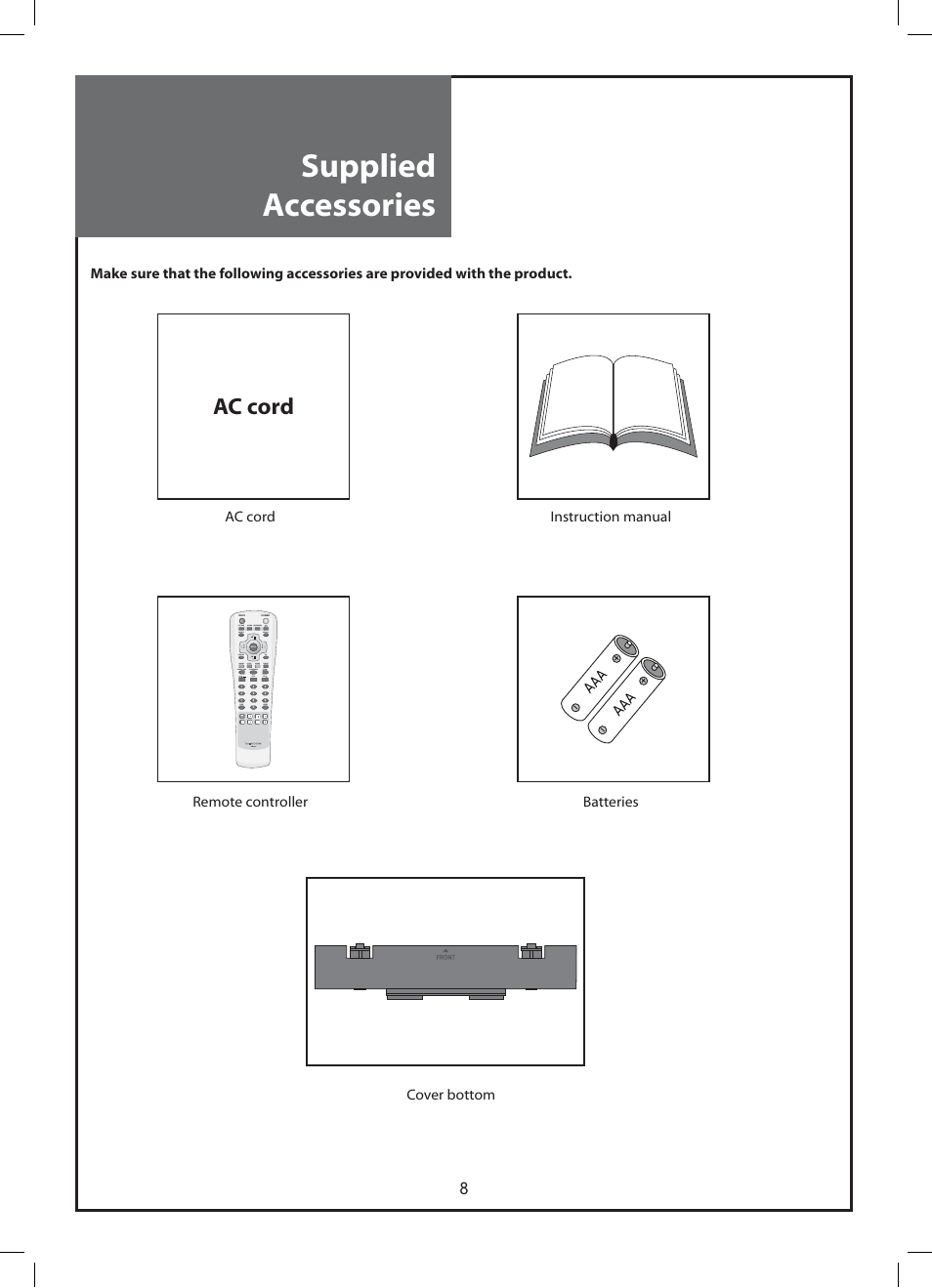 Supplied accessories, Ac cord | Daewoo DLP-37C3 User Manual | Page 8 / 53