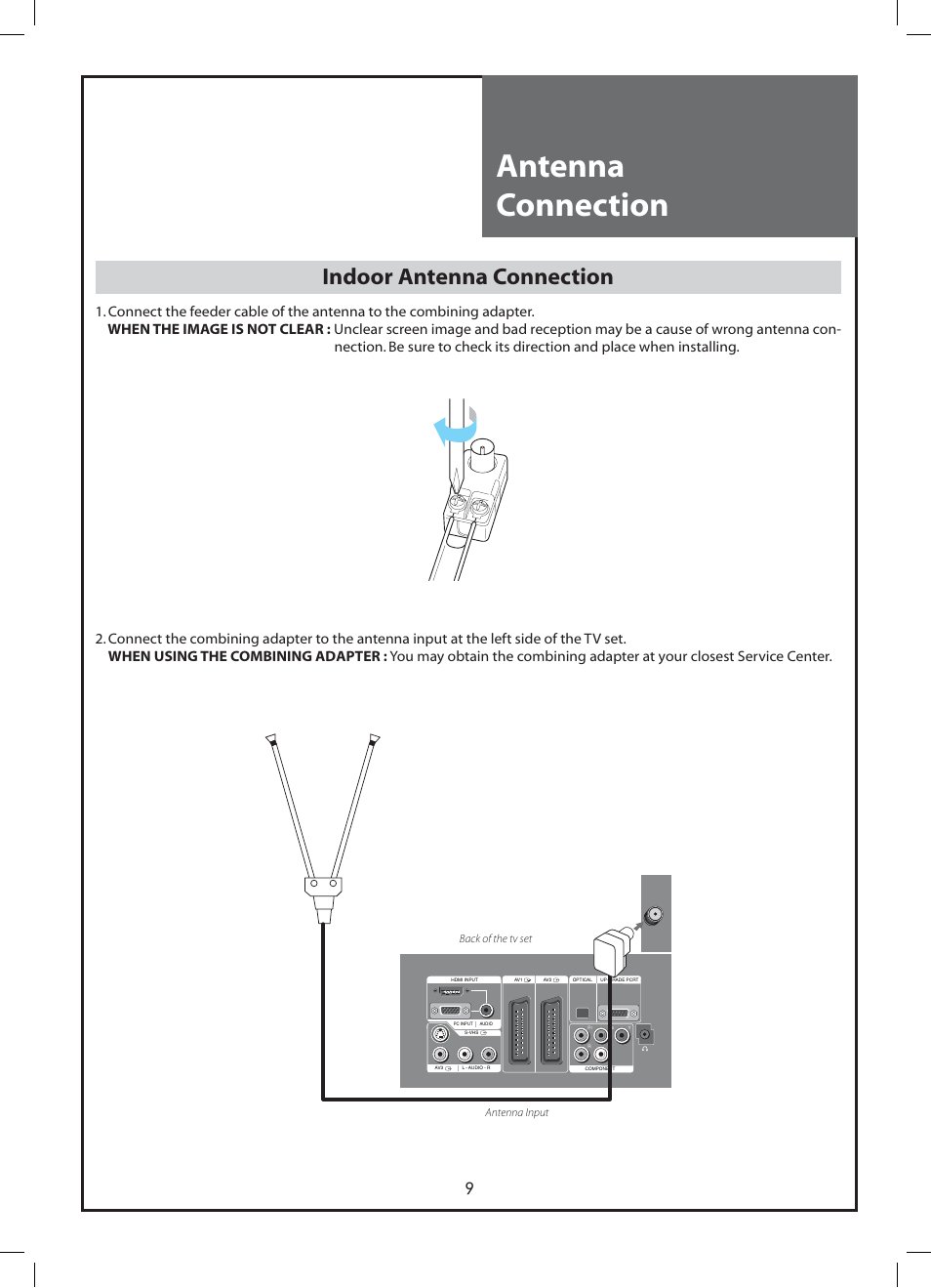 Antenna connection, Indoor antenna connection | Daewoo DLP-37C3 User Manual | Page 9 / 53