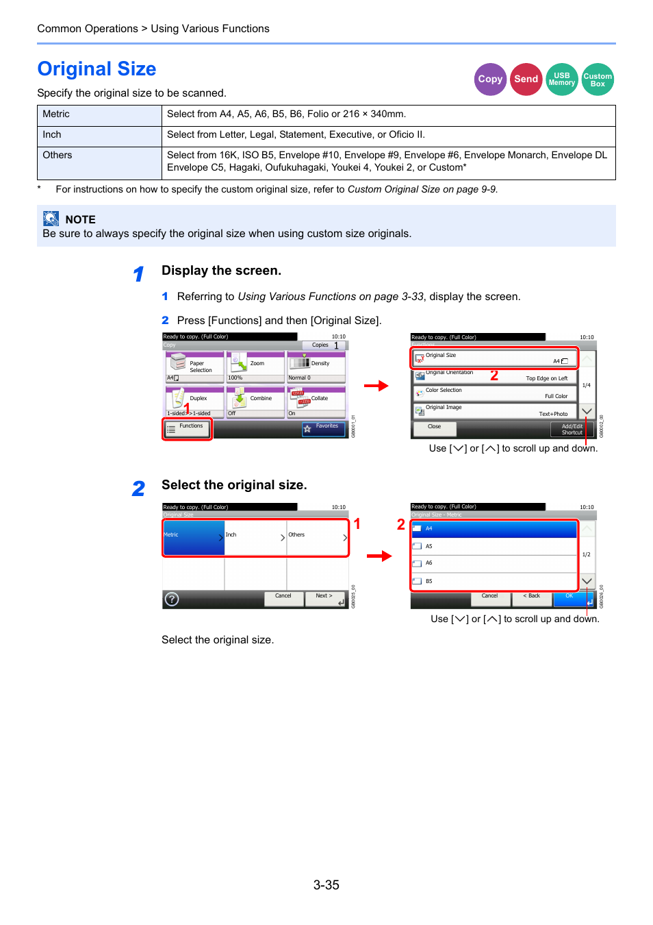 Original size, Original size -35, Display the screen | Select the original size, Common operations > using various functions, Specify the original size to be scanned | TA Triumph-Adler P-C2660i MFP User Manual | Page 111 / 396