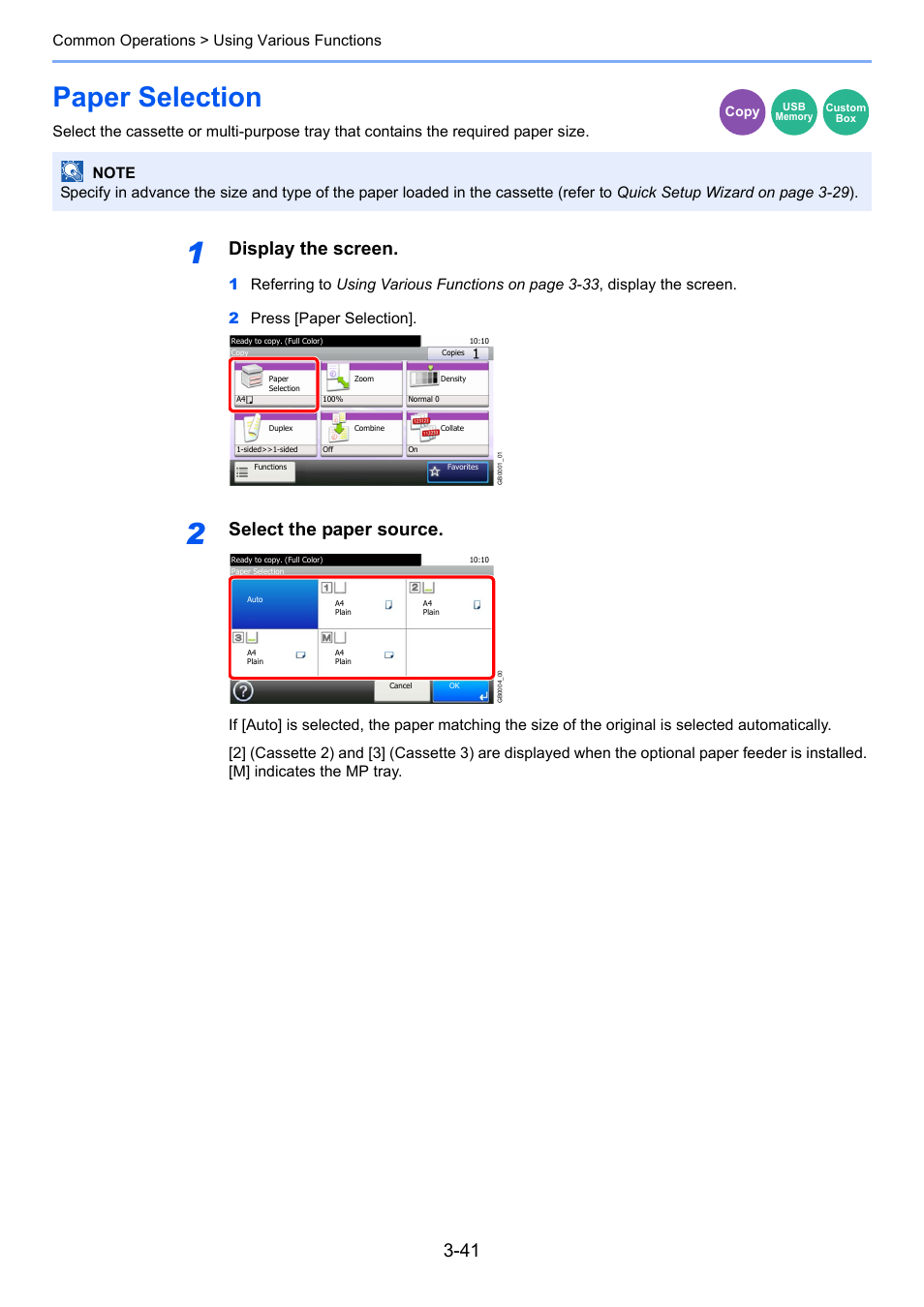 Paper selection, Paper selection -41, Display the screen | Select the paper source, Common operations > using various functions | TA Triumph-Adler P-C2660i MFP User Manual | Page 117 / 396