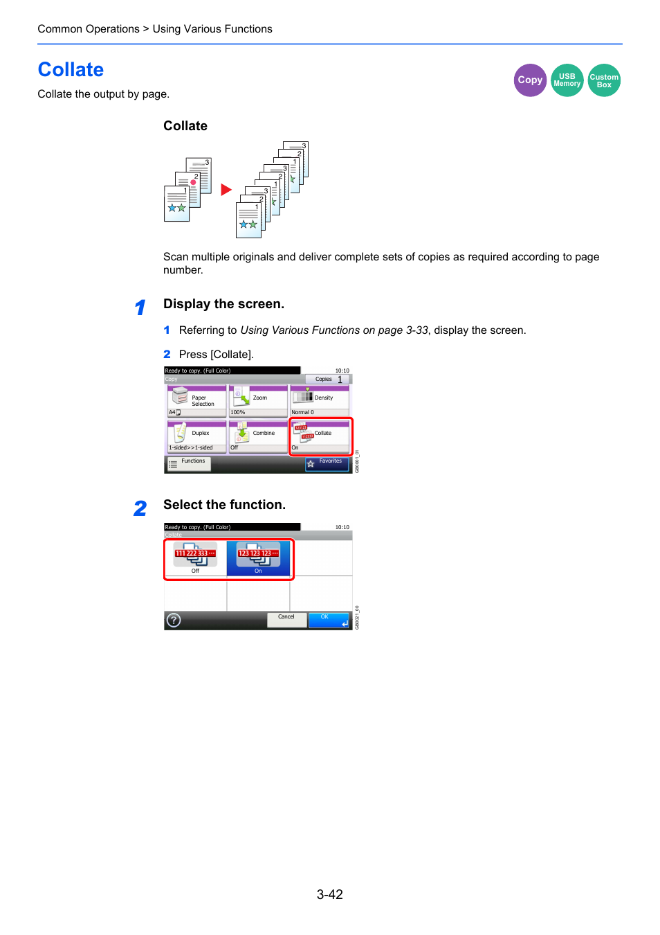 Collate, Collate -42, Display the screen | Select the function, Common operations > using various functions, Collate the output by page | TA Triumph-Adler P-C2660i MFP User Manual | Page 118 / 396