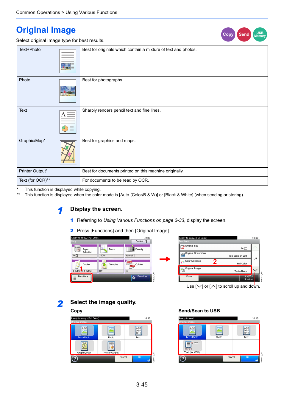 Original image, Original image -45, Display the screen | Select the image quality, Common operations > using various functions, Select original image type for best results, Copy send/scan to usb | TA Triumph-Adler P-C2660i MFP User Manual | Page 121 / 396