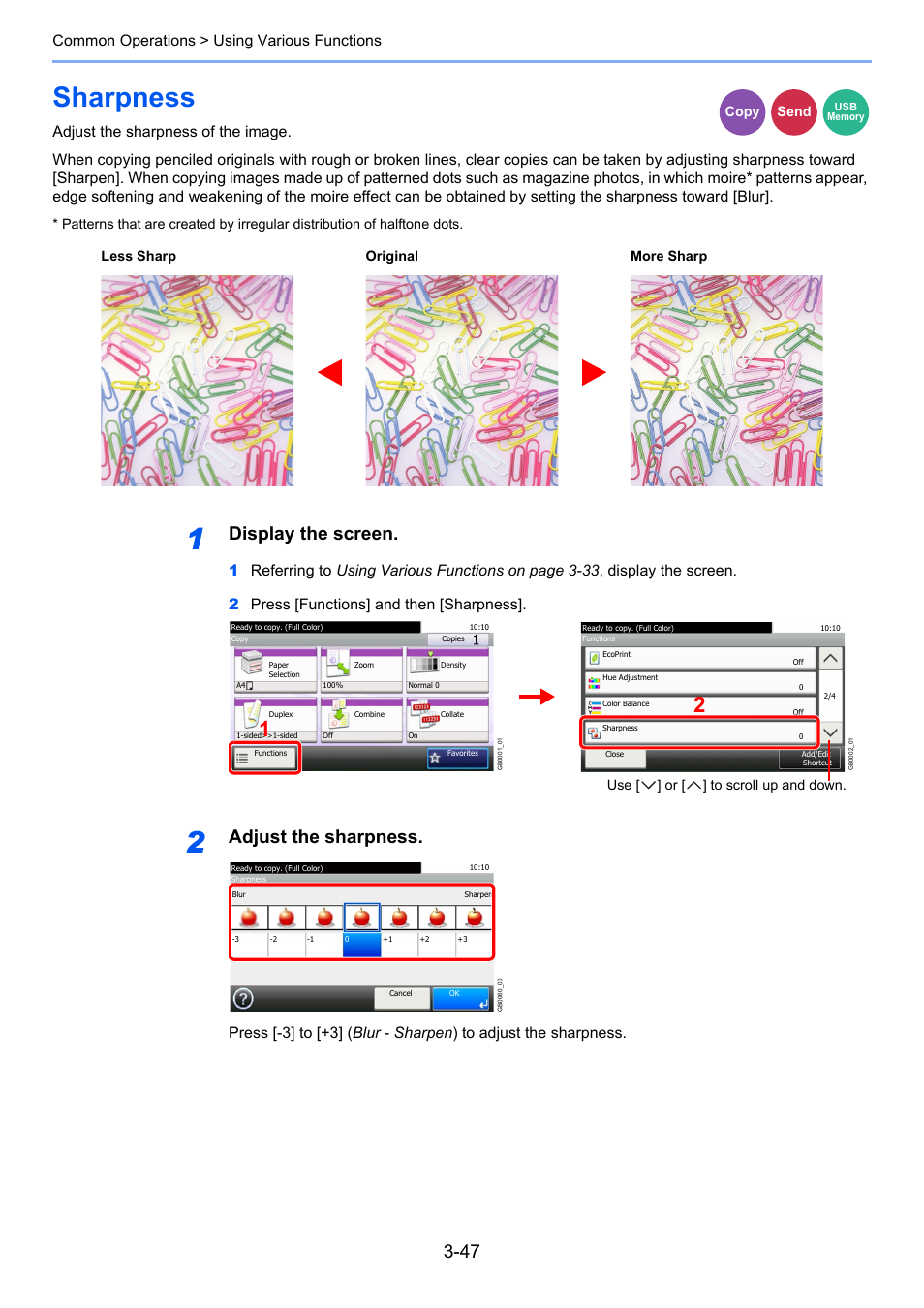 Sharpness, Sharpness -47, Age 3-47 ) | Display the screen, Adjust the sharpness, Common operations > using various functions | TA Triumph-Adler P-C2660i MFP User Manual | Page 123 / 396
