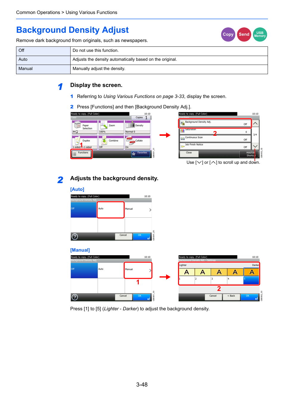 Background density adjust, Background density adjust -48, Display the screen | Adjusts the background density, Common operations > using various functions, Use [ ] or [ ] to scroll up and down | TA Triumph-Adler P-C2660i MFP User Manual | Page 124 / 396