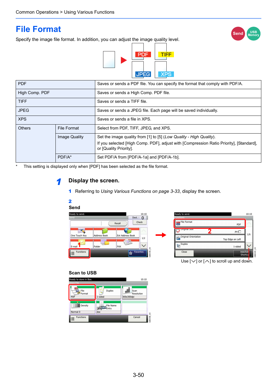 File format, File format -50, E 3-50 ) | Display the screen, Common operations > using various functions, Send, Scan to usb | TA Triumph-Adler P-C2660i MFP User Manual | Page 126 / 396