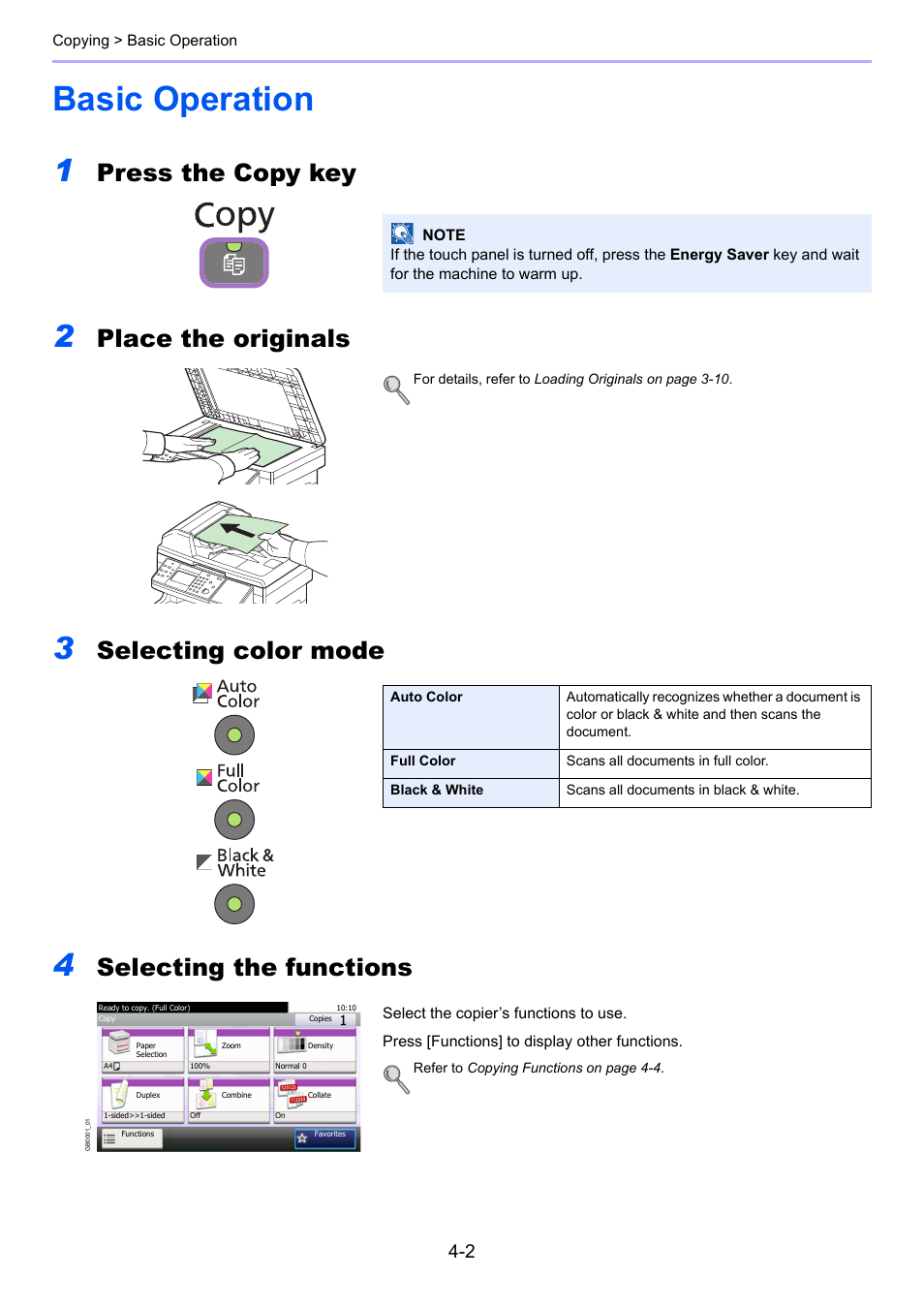 Basic operation, Basic operation -2, G -2 | Press the copy key, Place the originals, Selecting color mode, Selecting the functions | TA Triumph-Adler P-C2660i MFP User Manual | Page 136 / 396