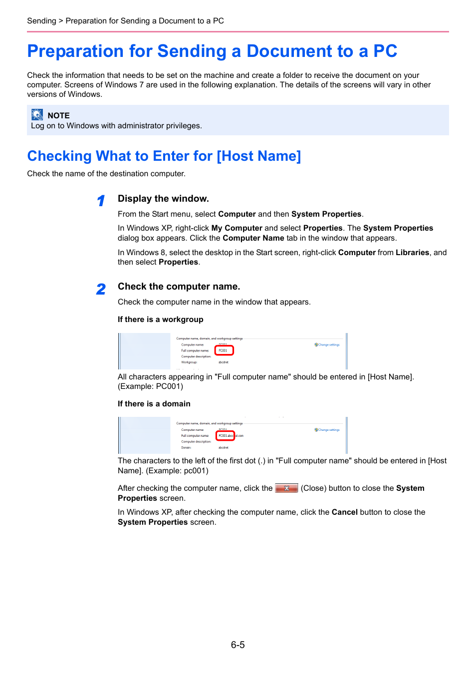 Preparation for sending a document to a pc, Checking what to enter for [host name, Preparation for sending a document to a pc -5 | Checking what to enter for [host name] -5 | TA Triumph-Adler P-C2660i MFP User Manual | Page 167 / 396