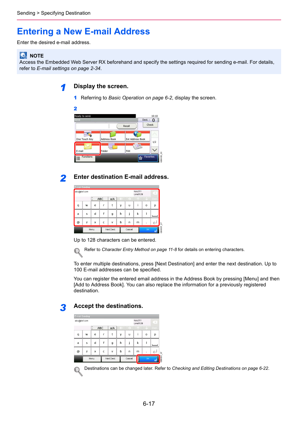 Entering a new e-mail address, Entering a new e-mail address -17, Display the screen | Enter destination e-mail address, Accept the destinations | TA Triumph-Adler P-C2660i MFP User Manual | Page 179 / 396