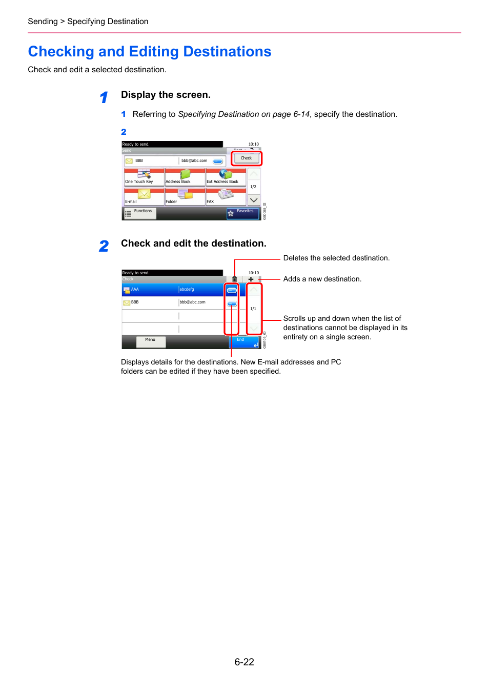 Checking and editing destinations, Checking and editing destinations -22, Display the screen | Check and edit the destination, Sending > specifying destination, Check and edit a selected destination | TA Triumph-Adler P-C2660i MFP User Manual | Page 184 / 396