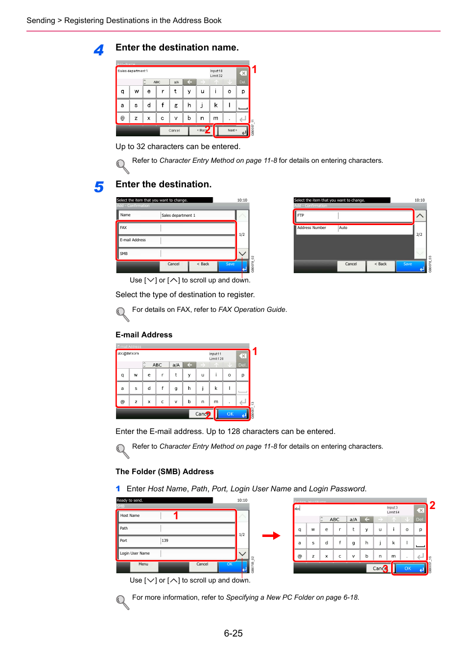 Enter the destination name, Enter the destination, Up to 32 characters can be entered | Select the type of destination to register | TA Triumph-Adler P-C2660i MFP User Manual | Page 187 / 396