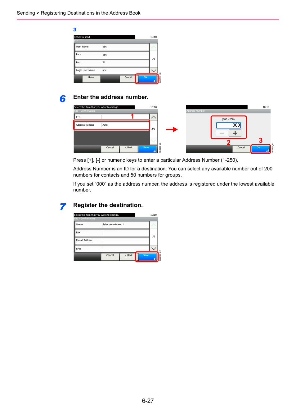 Enter the address number, Register the destination | TA Triumph-Adler P-C2660i MFP User Manual | Page 189 / 396