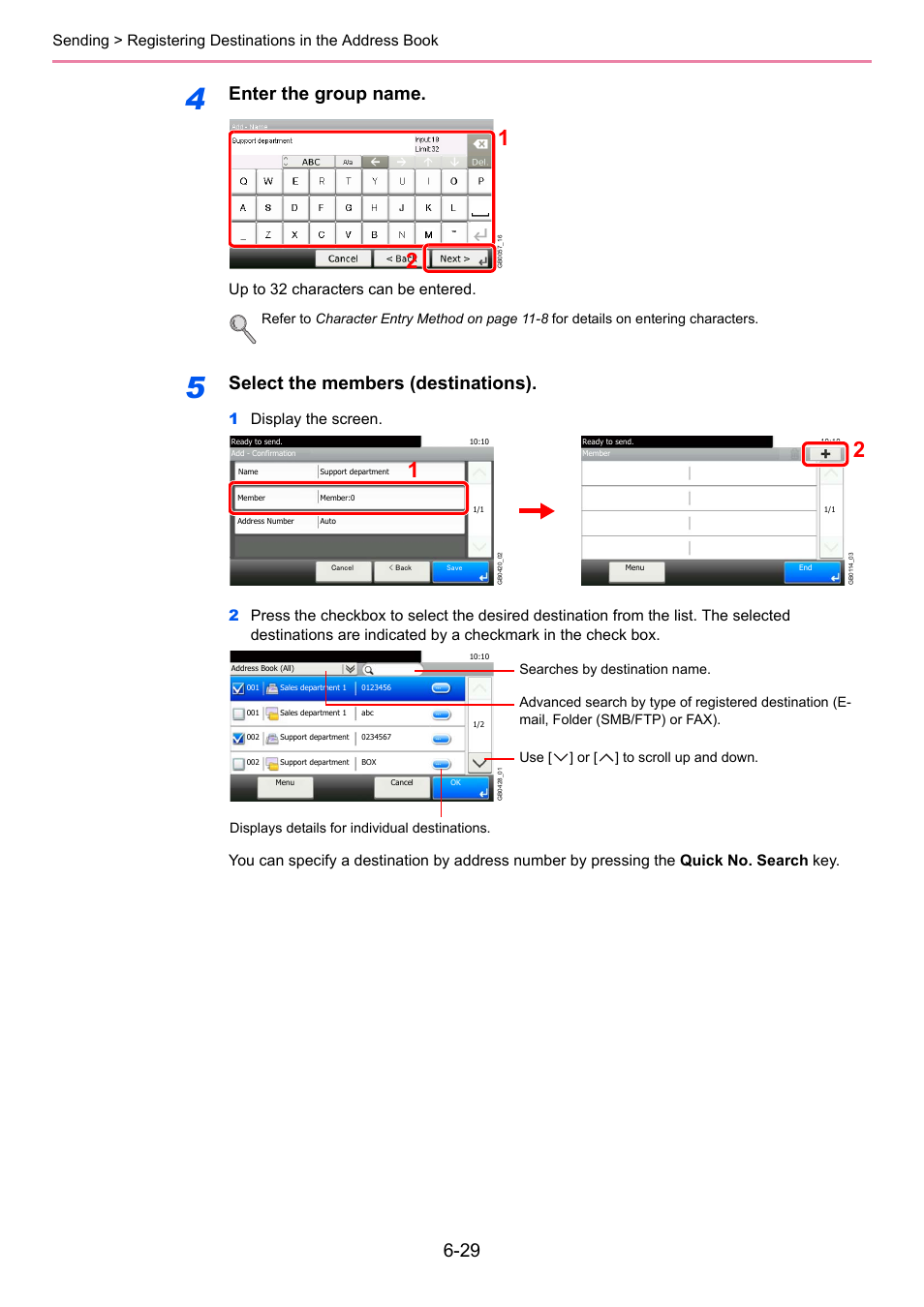 Enter the group name, Select the members (destinations), Up to 32 characters can be entered | TA Triumph-Adler P-C2660i MFP User Manual | Page 191 / 396